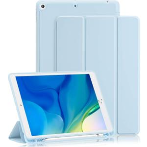 GHINL for iPad 9th/8th/7th Generation Case (2021/2020/2019) iPad 10.2-Inch Case with Pencil Holder [Sleep/Wake] Slim Soft TPU Back Smart Magnetic Stand Protective Cover Cases(Sky Blue)