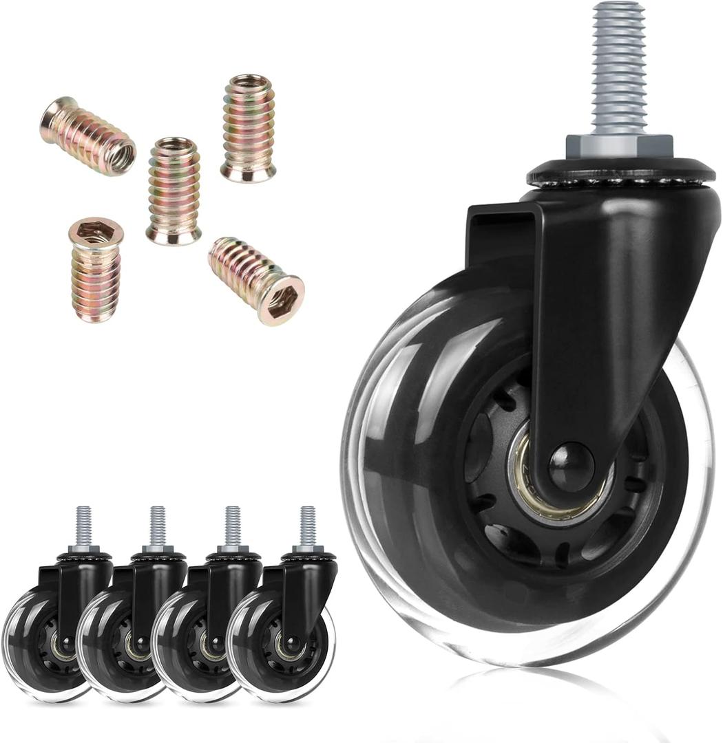 Hirate 3" Office Chair Casters Wheel with 5/16"-18UNC Threaded Stem Mute Gaming Chairs Casters Replacement Safe for Hardwood Tile Floors, Set of 5 with Screw Inserts