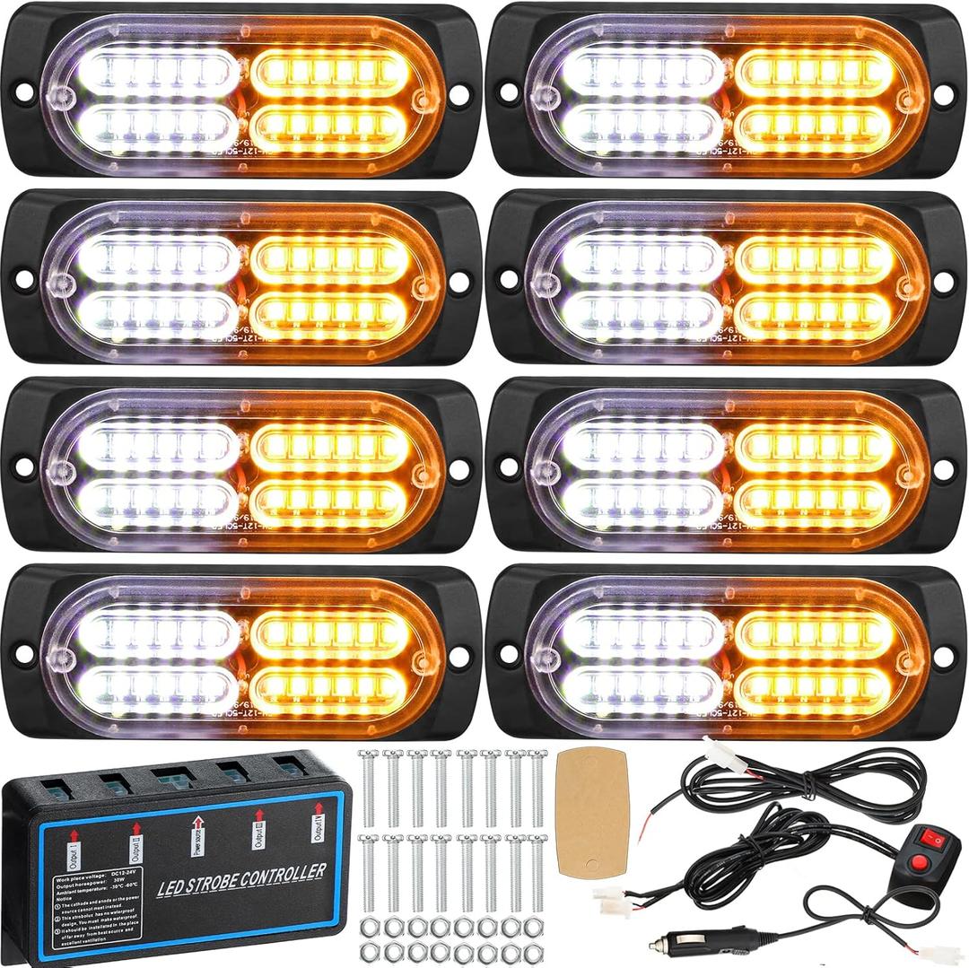 Treela 8 Pcs 24 LED Emergency Strobe Light Amber White Truck Surface Mount Side Flashing Marker Grille Hazard Warning Light Ultra Slim Sync Feature Construction for Firefighter Vehicles Cars 12-24V