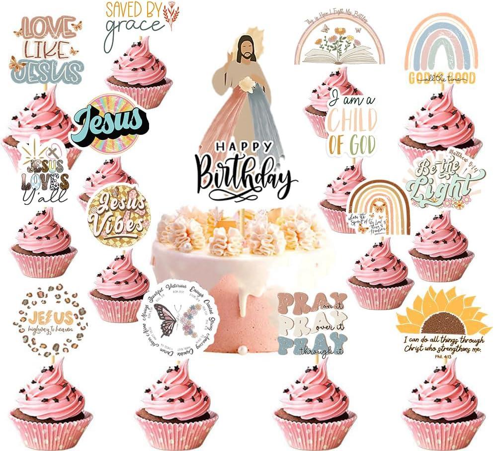 25PCS Bible Verse Cake Topper,Inspirational Christian Verse Cupcake Topper,Religious Jesus Cake Topper for Birthday Cake Party Decoration Supplies