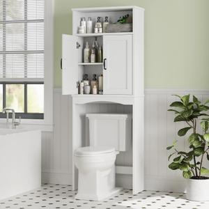 Over The Toilet Storage Cabinet, Over Toilet Bathroom Organizer with Adjustable Shelf and Double Doors, Space Saver Shelf Above Toilet Storage Cabinet (White)
