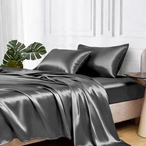 MR&HM Satin Bed Sheets, King Size Sheets Set, 4 Pcs Silky Bedding Set with 15 Inches Deep Pocket for Mattress (King, Dark Grey)