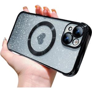 for iPhone 15 Case Magnetic Gradient Glitter [ Compatible with MagSafe ], Bling Love Heart Clear Phone Case, Camera Protection Sparkly Slim Soft Back Cover for Women Girls - Black