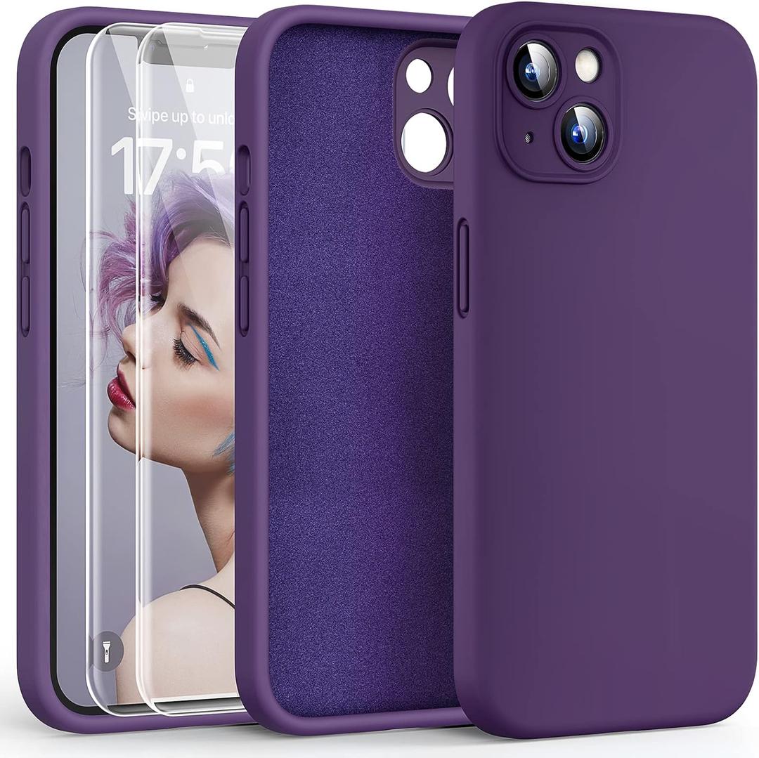 2 x HATOSHI for iPhone 13 Case, Liquid Silicone Upgraded [Camera Protection] with [2 Screen Protectors], Soft Anti-Scratch Microfiber Lining Shockproof Phone Case for iPhone 13 6.1 inch, Midnight Purple