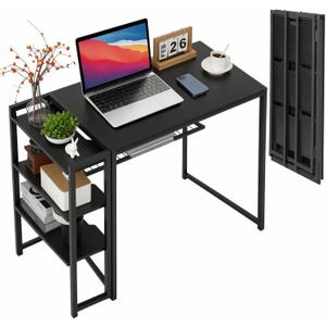 GarveeLife 38.6 inch Folding Desk Writing Computer Desk with Storage Shelf,Spaces Saving Writing Sturdy Table No Assembly,for for Bedroom, Home Office, Dorm, Apartment, Black, 35 inch