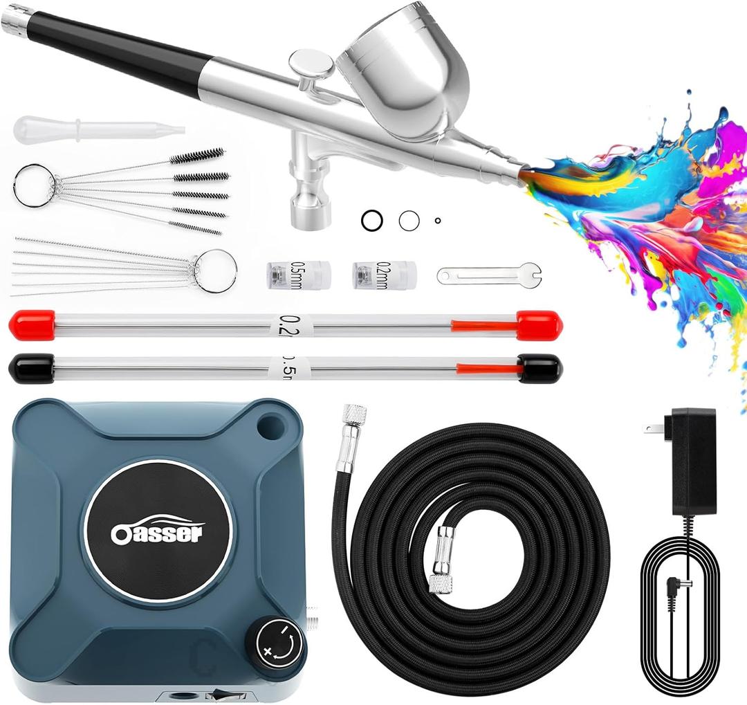 Airbrush Kit with Compressor, Dual Action 10.5L/min Auto Stop Airbrush Set, 0.2/0.3/0.5mm Nozzles 7cc Cup, 12V DC Plug-in Air Brush for Nails Makeup Model Painting Tattoo Blue
