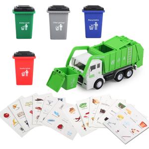 FIVEDAOGANG Small Friction Powered Garbage Truck Toys Set, Includes Front Load Dumpster, 4 Trash Bins and Trash Learning Cards for Kids