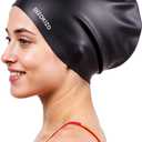 Extra Large Silicone Swim Cap for Long Hair, High Elasticity Durable Waterproof Swimming Cap for Women and Men Adults with Dreadlocks, Weaves, Extensions, Braids & Curls, Keep Hair Dry (Black)