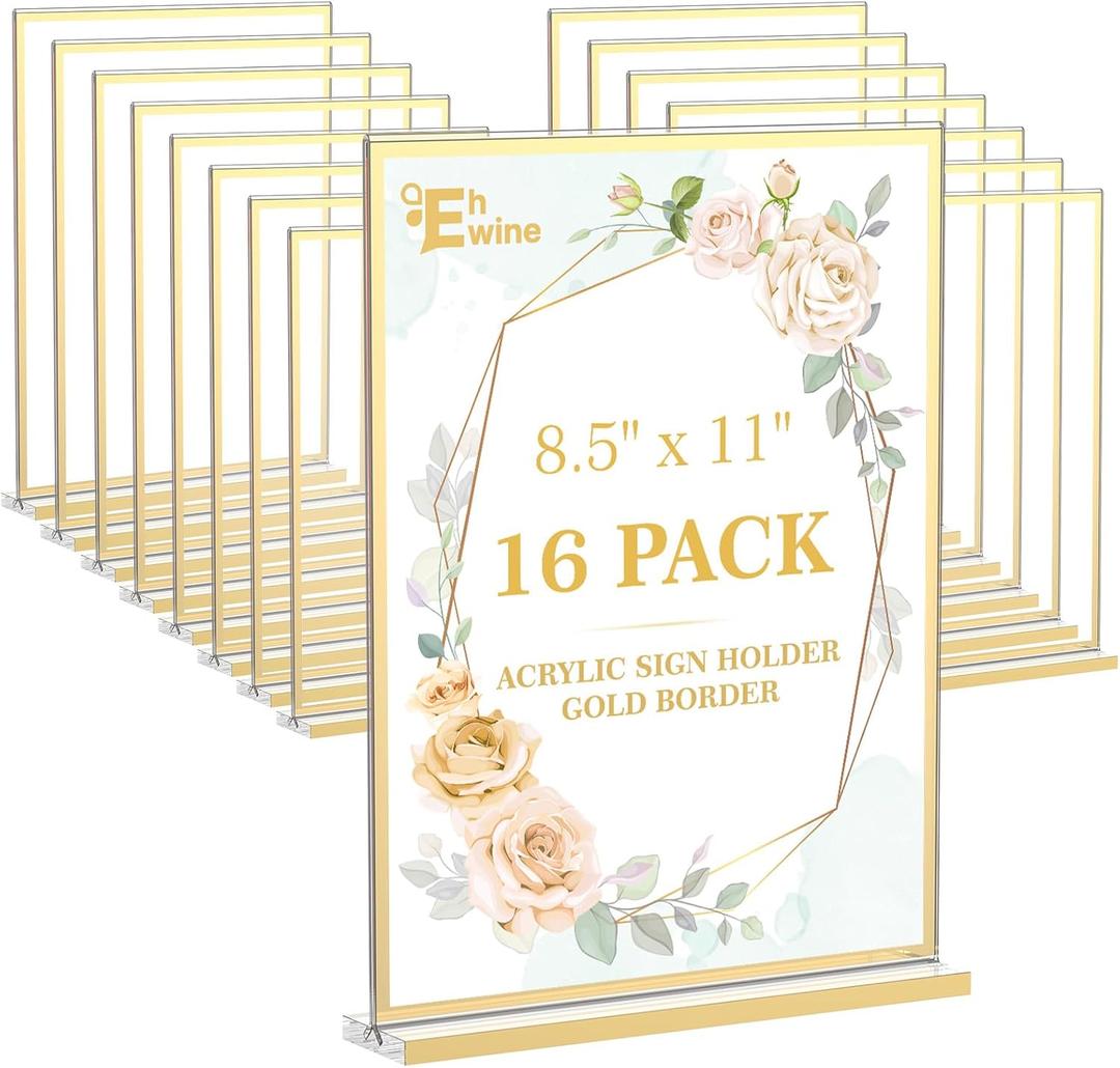 EHWINE 16 Pack Acrylic Sign Holder 8.5 x 11, Double-Sided Tabletop Gold Sign Holder, Clear Acrylic Picture Frame Menu Flyer Paper Holder Display Stand for Home Wedding Party (with Non-Slip Pads)