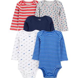 Simple Joys by Carter's Baby-Boys Long-Sleeve Bodysuit Pack of 5Bodysuit (0-3 Months, Blue/Grey Trucks/Red Stripe)
