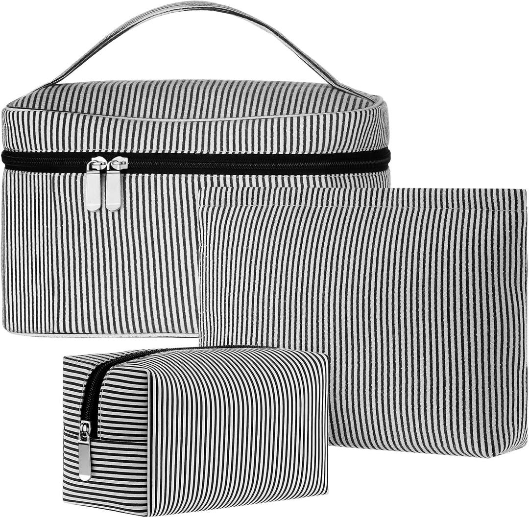 3 Pieces Makeup Bag Set for Women Cute Seersucker Cosmetic Pouch Travel Toiletry Bag Preppy Small Makeup Purse Pouch Aesthetic Skincare Brushes Storage Organizer for Women(Black)