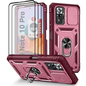 Xiaomi Redmi Note 10 Pro/Pro MAX Case With 3 Pcs Tempered Glass Screen Protector, Built-in Ring Stand Kickstand, Camera Cover - Hard PC Soft TPU Defender Full Body Armor - Wine