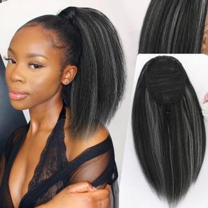 LEOSA Highlighted Ponytail Extension Yaki Drawstring Ponytails for Black Women Short Kinky Straight Ponytail Black Mixed Gray Hair Pieces Natural 4c Clip on Pony tails Hair Extensions (14 Inch (Pack of 1))