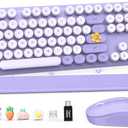 Wireless Keyboard and Mouse Combo, Cute Round Keycaps, Full-Size Retro Typewriter Keyboard with Detachable Wrist Rest, 2.4GHz Cordless Connection for Mac/Windows/PC/Laptop (Purple-Colorful)