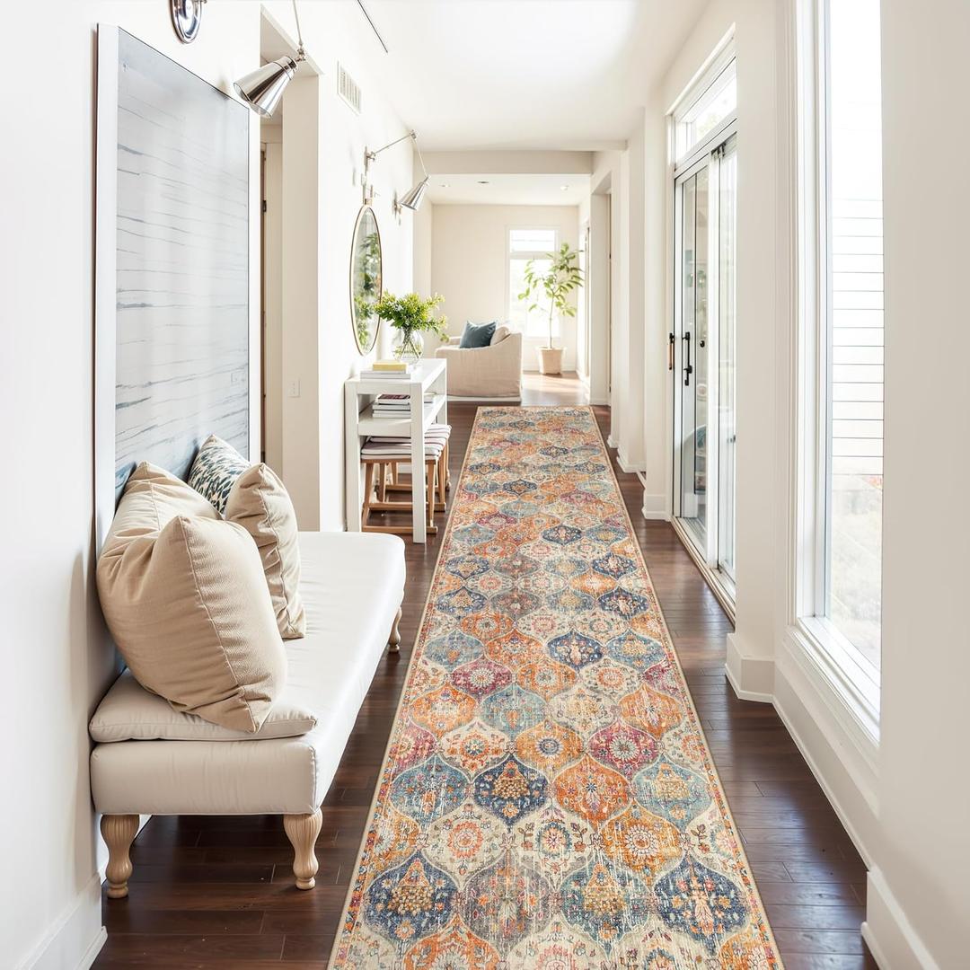 Lahome Moroccan Washable Runner Rug 2x10, Kitchen Runners for Hallways Rubber Backing Ultra-Thin Vintage Hallway Rug Non-Slip Carpet for Entryway Bedroom Laundry Room Elise, Cream/Multi