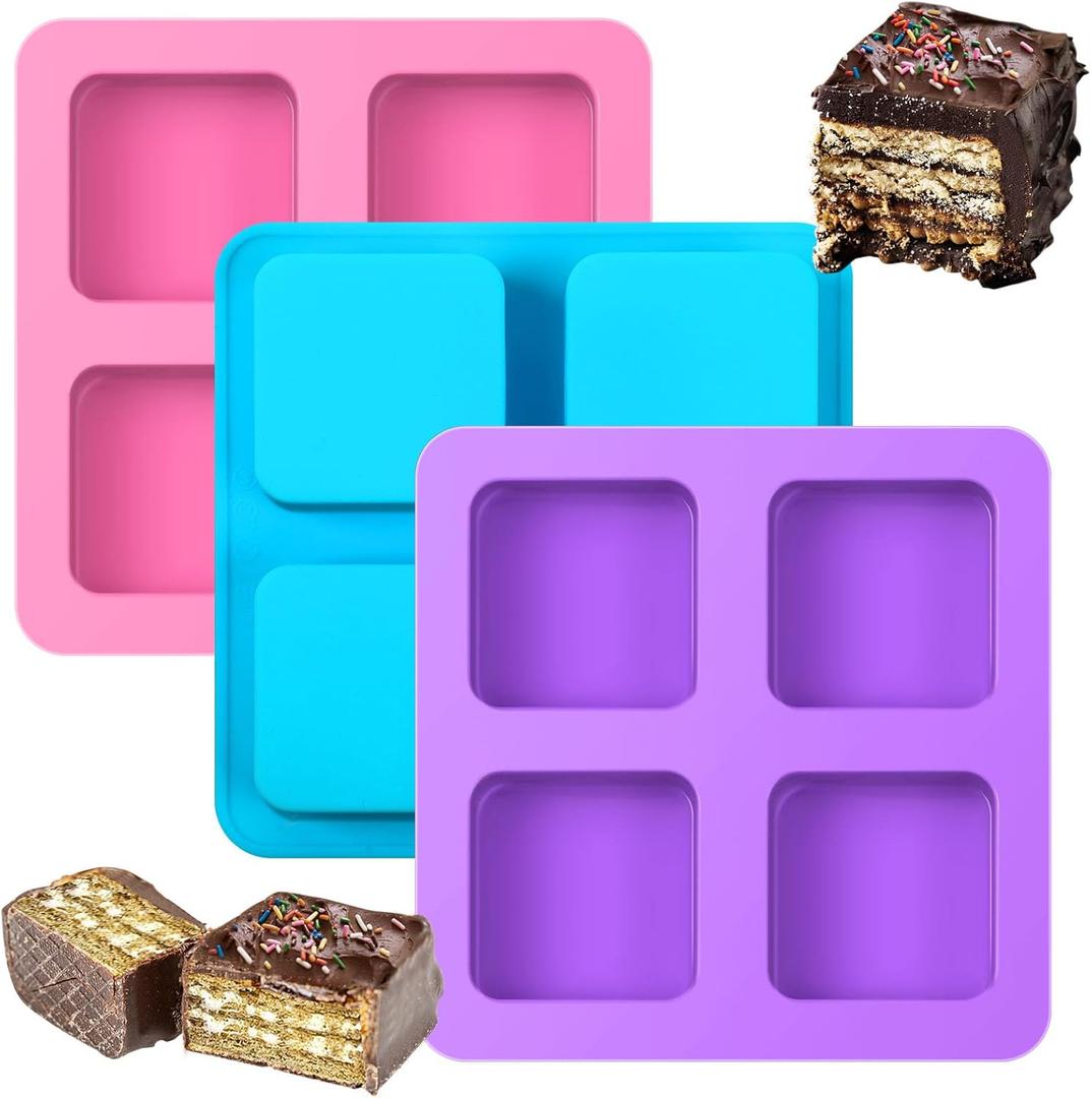 4 Cavity Chocolate Covered Cookie S'mores Molds, 3Pcs Silicone Square Molds Reusable Non Stick Silicone Trays for Smores, Chocolate, Graham Crackers, Candy, Marshmallow Making