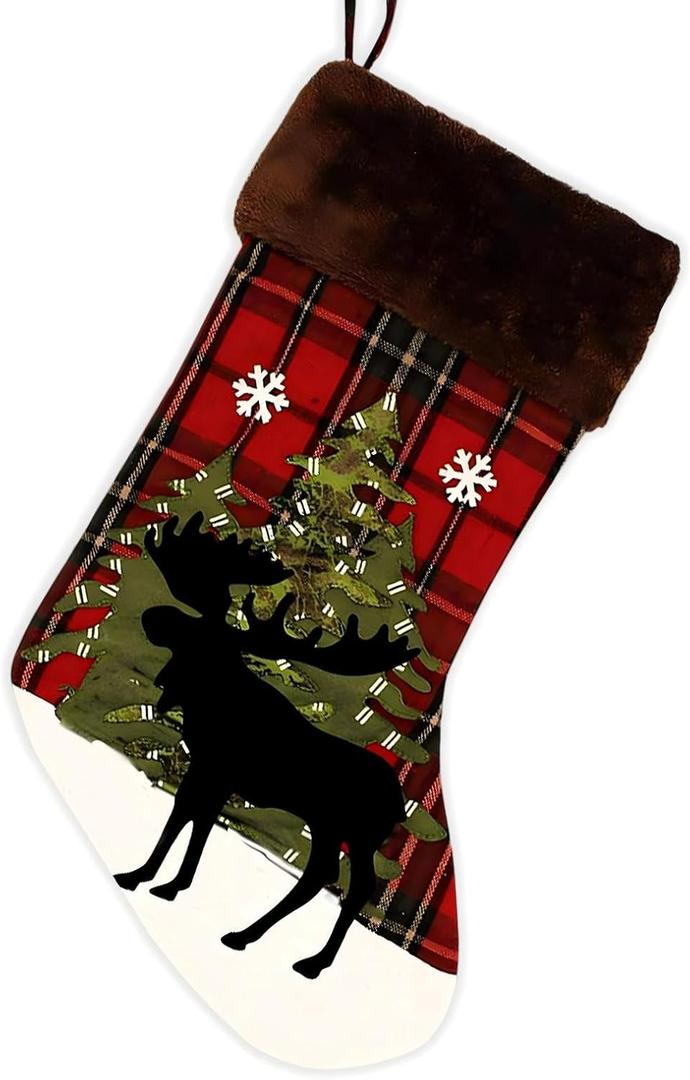 20 inch Big Moose Christmas Stockings, Single Black Deer Reindeer Buffalo Plaid Cute Rustic Farmhouse Xmas Stocking with Snowflake for Baby Child Children Kids Girl Boy Christmas Dcor (Big Moose)