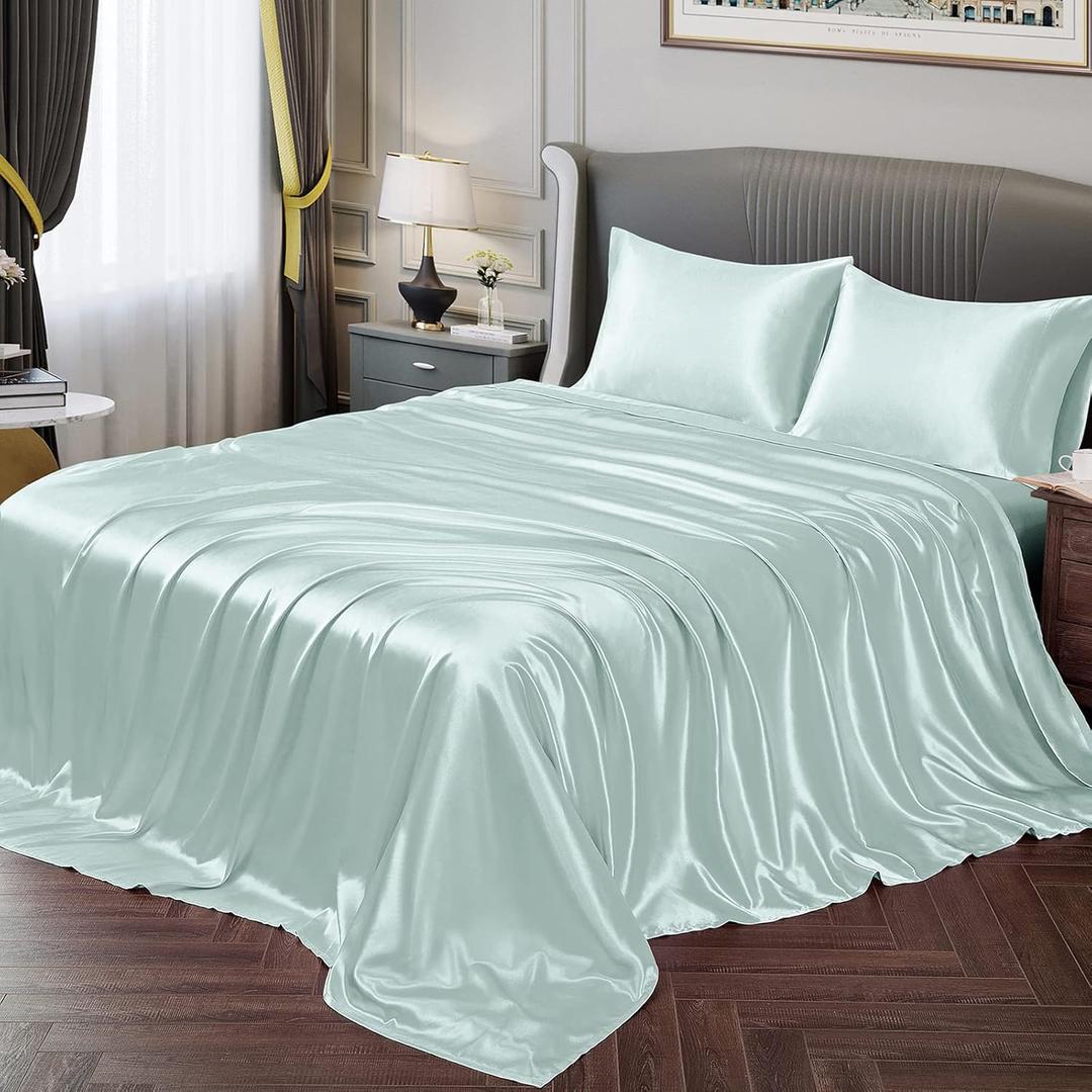 Twin Silky Soft Satin Bed Sheets Ice Blue Sheet