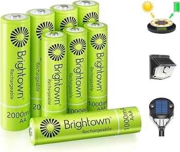 Brightown 12 Pack AA 2000mAh and 4 Pack AAA 1000mAh Rechargeable Batteries Combo - 1.2V NiMH High Capacity Battery - Ideal for Solar Lights & Home Devices, Recharge up to 1000x Times, Pre-Charged
