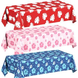 Oudain 3 Sheets Hawaii Hibiscus and Tropical Leaves Tablecloth Birthday Party Decorations Blue Alien Cartoon Table Covers for Birthday Party Supplies (Red, Blue, Pink)