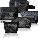 5 Pieces Heart Printed Mesh Makeup Bag Set, Portable Travel Mesh Cosmetic Bags Toiletry Bags Makeup Purse Bags with Zipper Storage Pouches for Home Offices Travel Accessories (Black)