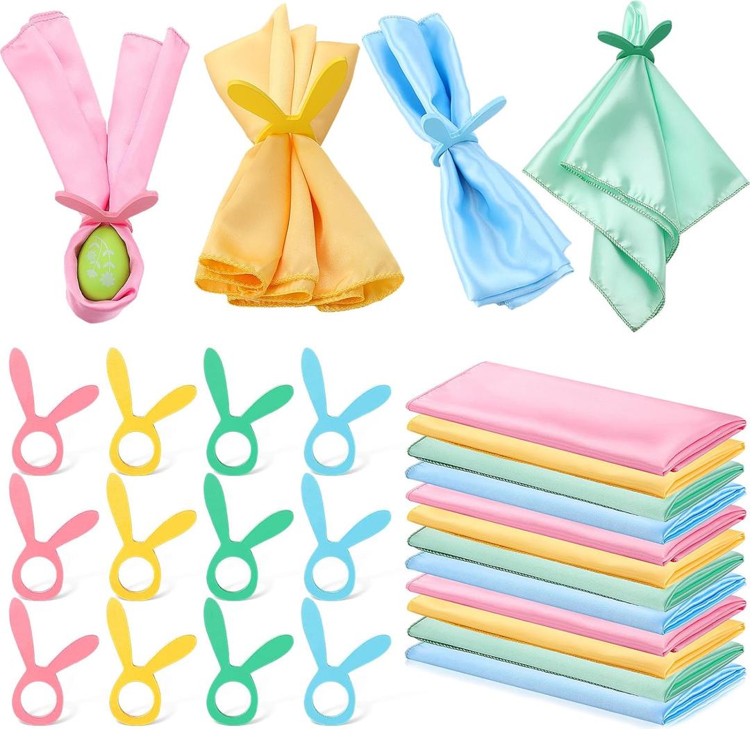 Domensi 24 Pcs Easter Pastel Cloth Napkin with Wooden Bunny Rings Set Reusable Fabric Spring Cocktail Napkin Rabbit Ring Holder for Wedding Baby Shower Dinner Party Table Supplies(18 x 18 Inch)