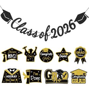 3 x Graduation Decorations 2026, Class of 2026 - Party Supplies Kit with Black and Gold Pre-Strung Glitter Banner & Congrats Grad Cutouts Signs for High School, College, Home, Car Parade