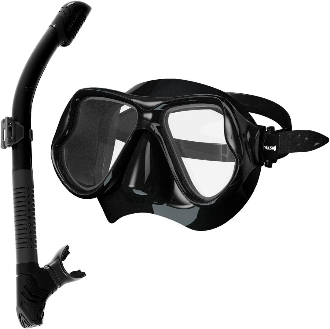 Snorkeling Gear for Adults, Snorkel Mask Set 180 Degree Tempered Glass Anti Fog Goggles Dry Top Snorkel Set Scuba Diving mask with Soft Silicone Skirt Anti-Leak Comfortable Snorkel Set