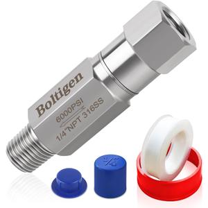 Boltigen 1/4 NPT In-line Ball Check Valve, Stainless Steel 316 One Way No Return Check Valve, High Pressure 6000PSI Spring Check Valve for Well, Pump, Tank, Backflow Prevention, Horizontal, Vertical