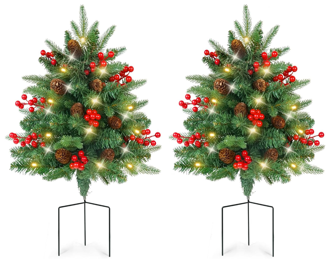 Set of 2 Outdoor Christmas Tree with Lights Small Planter Bushes Battery Operated Artifical Urn Filler Outside Christmas Decorations for Front Porch,Yard,Pathway