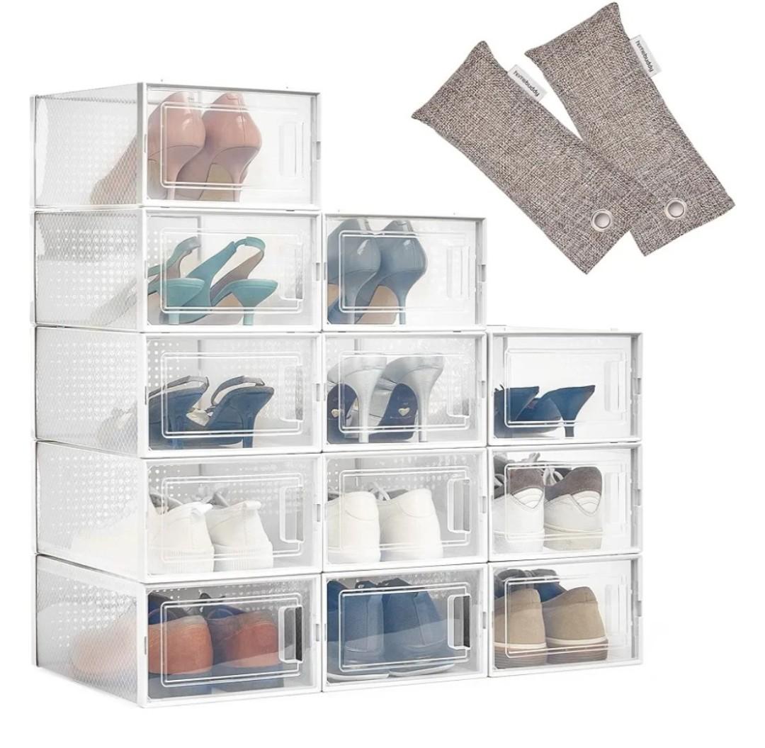 HomeBuddy Shoe Organizer Box - 12 Pack Shoe Box, Stackable Sneaker Storage, Sturdy Shoe Containers with Back Ventilation, Clear Shoe Boxes - Bamboo Charcoal Deodorizers Included