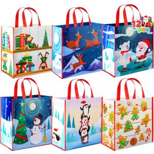 JOYIN 12 PCS Christmas Large Gift Bags with Handles 13.75" x 14", Non-Woven Tote Bag for Wrapping Xmas Party Favors, Reusable Grocery Bags, Party Supplies (Dark Blue + White)