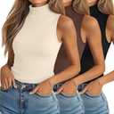 Ficerd 3 Pack Women's Sleeveless Mock Turtleneck Tank Tops Ribbed Knit Slim Fitted Stretchy Shirts Casual Layer Basic Tees (XX-Large, Black, Cream, Brown)