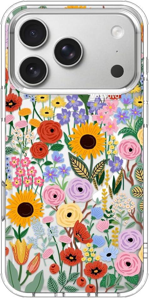 MOSNOVO for iPhone 17 Pro Case | Compatible with Magsafe | Military Grade 6.6ft Drop Tested | Camera Control | Clear with Blossom & Bloom Design