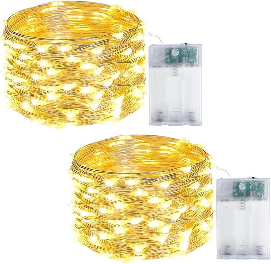 2-Pack 50 LED Fairy Lights Battery Operated with Timer, 16FT Waterproof Starry String Lights Outdoor Indoor Mini Cuttable Lights for Bedroom Wedding Birthday Christmas Parties (Warm White&Multi Color)