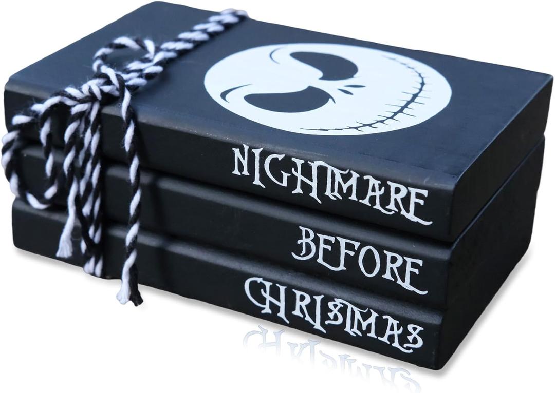 Mini Black Halloween Tiered Tray Decor Wood Decorative Book Stack, Rustic Farmhouse Faux Books Bundle for Home Table Mantle Shelf Decoration Nightmare Before Christmas Sign