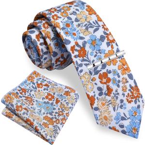 GUSLESON Fashion 2.4"6cm Cotton Floral Printed Necktie Tie Clip and Pocket Square Sets + Gift Box (Orange/Blue/Grey/White)
