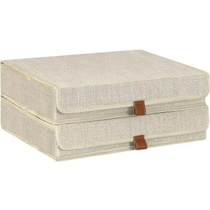 ORGMASTER Photo Storage Boxes with Lids, Memory Box for Keepsakes, Picture Organizer Versatile Linen Containers Basket Collapsible Bin for Organizing Home Office, 2 Pack, 14x10.8x2.5 Inch, Beige