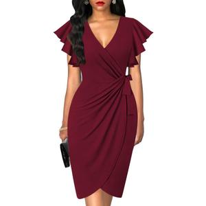 oten Womens Deep V Neck Ruffle Sleeve Sheath Casual Cocktail Party Work Faux Wrap Dress, Medium, Burgundy
