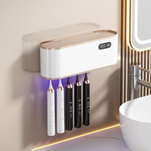 UV Toothbrush Sanitizer Holder for 4 | Wall Mounted Toothbrush Holder for Bathroom with Fan Drying | USB Rechargeable Toothbrush Cleaner & Sterilizer, No Drill Install, Modern Design (Black)