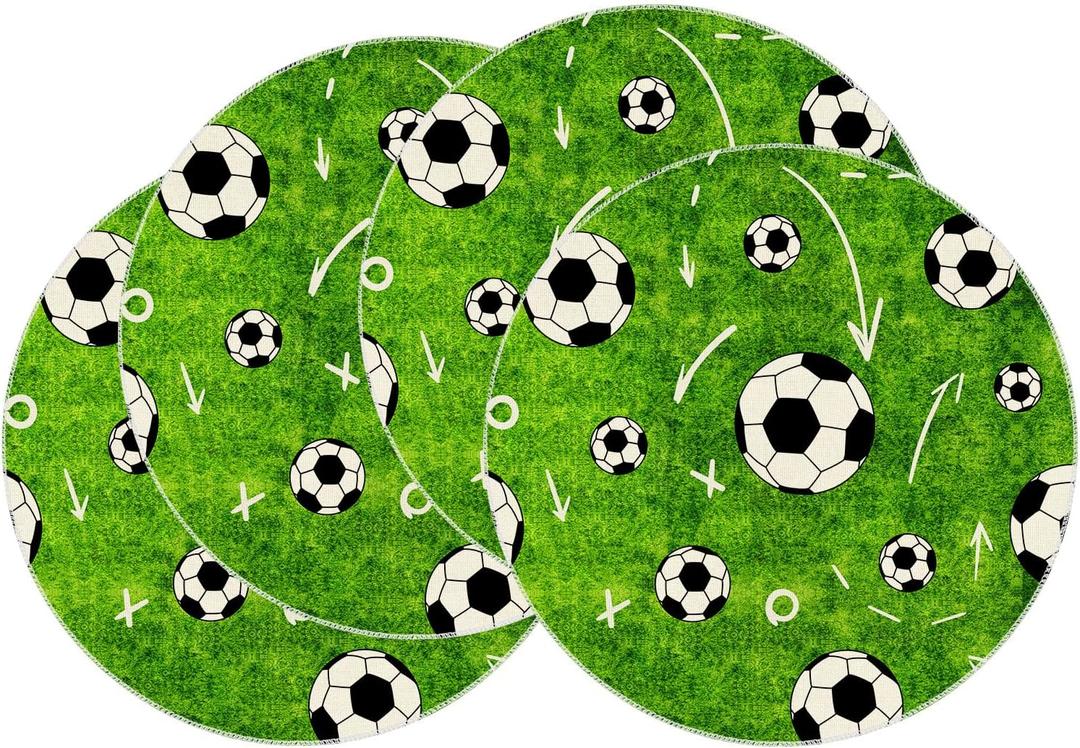XCHI Green Soccer Grass World Cup Round Placemats Set of 4 Table Mats for Game Day Soccer Party Home Kitchen Dining Table Decorations 14x14 Inch