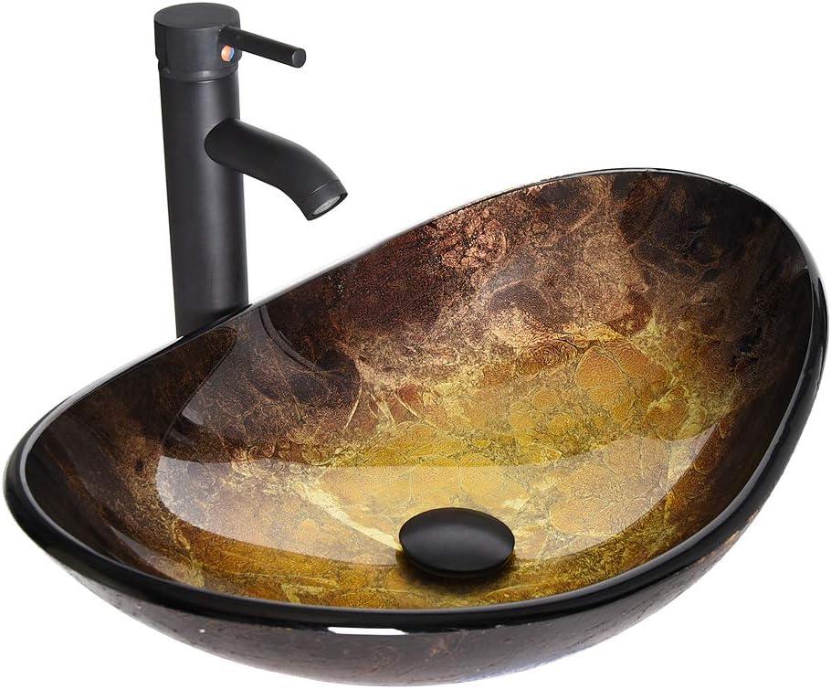 Bathroom Boat Shape Artistic Glass Vessel Sink Free Oil Rubbed Bronze Faucet and Pop-up Drain Set, Gold