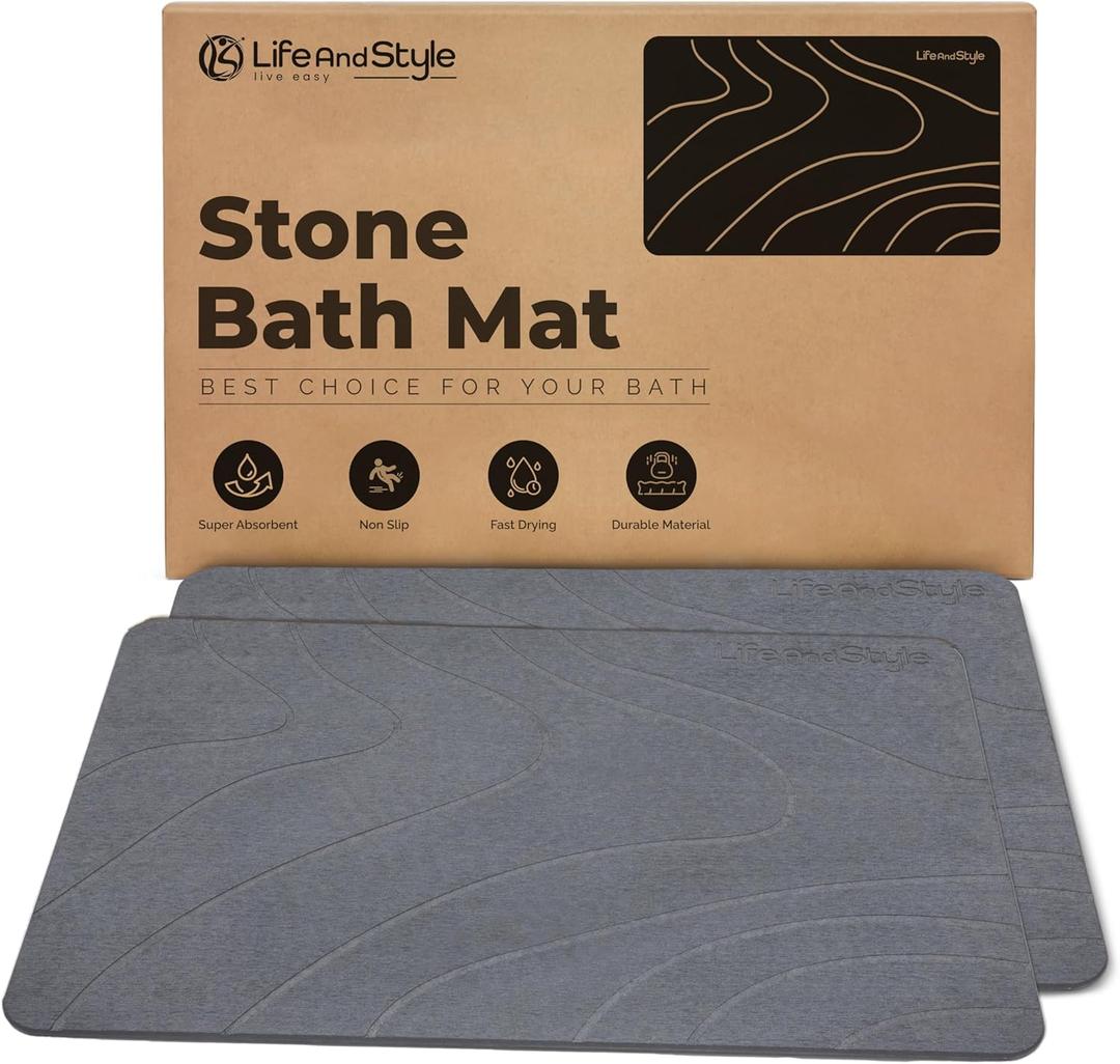 2 Pack Stone Bath Mat Diatomaceous Earth Shower Mat - Grey Wave Design Non Slip Super Absorbent Diatomite Stone Mats for Bathroom Floor Quick-Drying Easy to Clean (24 x 16 Inch)