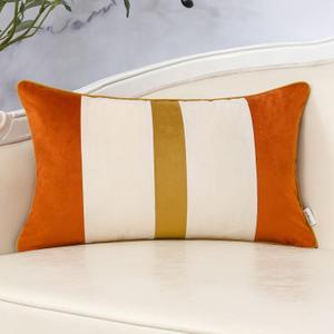 Yangest Orange Patchwork Lumbar Throw Pillow Cover Striped Velvet Cushion Case Modern Neutral Oblong Pillowcase for Sofa Couch Bedroom Living Room Home Decor, 12x20 Inch