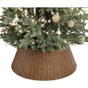 ELYKEN 28 Inch Christmas Tree Collar, 5-Piece Xmas Tree Skirt for Artificial Trees, Handcrafted Plastics Wicker Tree Base Cover with Cord Cut-Out Rustic Farmhouse Tree Ring for Home Decor,Brown-round Pp, 28 Inch
