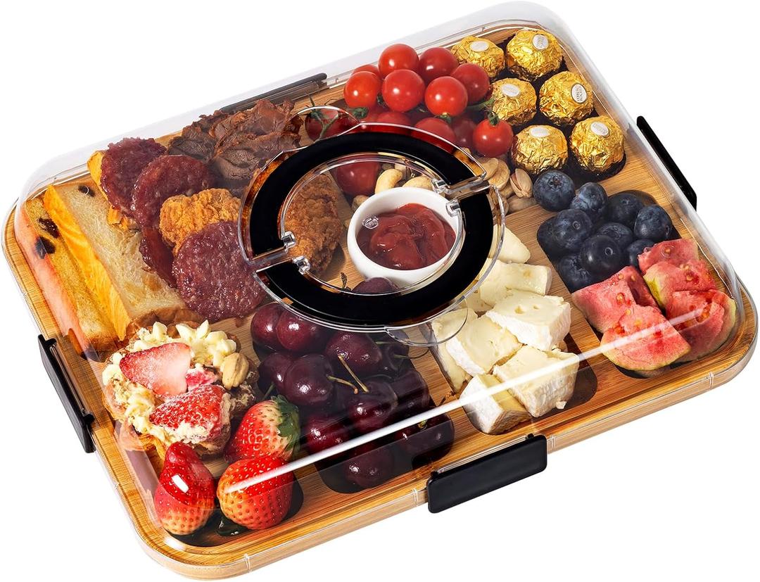 Charcuterie Board with Clear Locking Lid, Portable Travel Cheese Board & Snack Tray with Handle, 6-Compartment Charcuterie Boards, Reversible Cutting Board for Parties, Potlucks, Housewarming Gifts