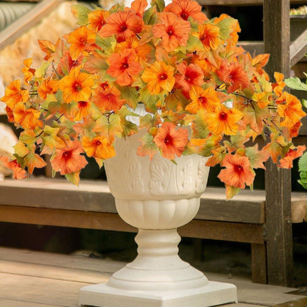 Artificial Flowers for Outdoor Decoration, 2PCS Realistic Fall Faux Petunias Silk Flower Fake Plants No Fade Floral for Home Garden Balcony Yard Porch Indoor Outdoor Fall Decor (Fall Color-1)