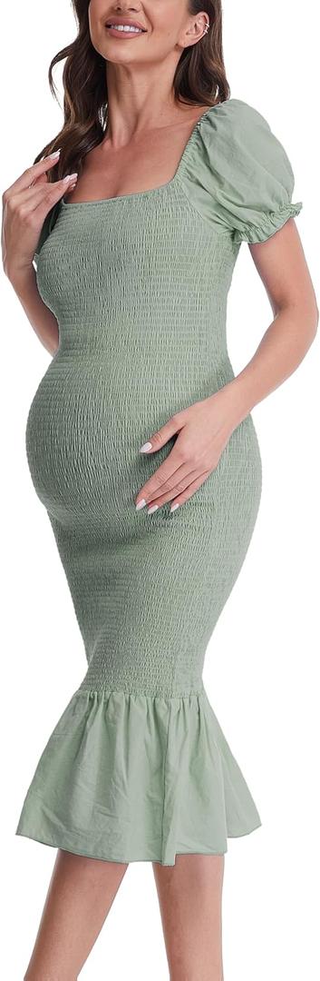 Maternity Summer Midi Bodycon Dresses, Short Puff Sleeve Square Neck Ruffle Hem Mermaid Baby Shower Dress (Green, M)