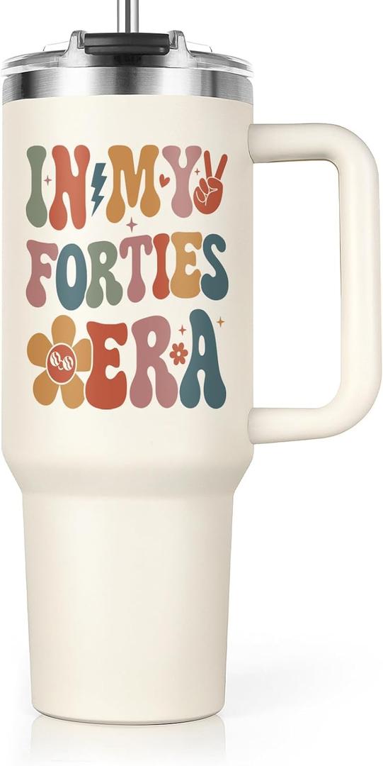 Shqiueos 40th Birthday Gifts for Women 40oz Tumbler with Handle and Straw Lid, 40 Year Old Gifts for Her, Mom, Friend, Sister, Daughter, 40s Birthday Decoration-In My Forties Era Cup Water Bottle