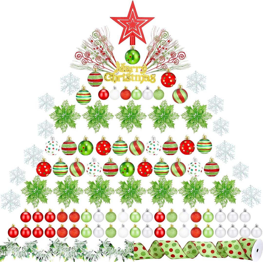 129 Pcs Christmas Tree Decorations Set Lime Green Red Christmas Ball Ornaments Plastic Snowflake Ornament Glitter Poinsettia Xmas Flowers Berry Tinsel Star Tree Topper for Xmas Trees Holiday Decor (Bright Style)